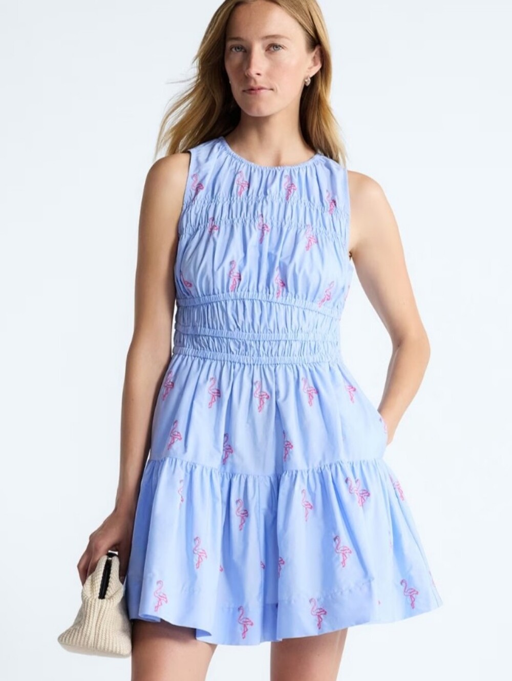Free Assembly Sleeveless Light Blue Smocked Mini Dress with Pink Embroidery